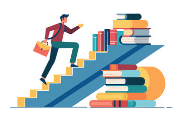 Man ascending book stairs with briefcase and bag books