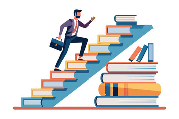 Businessman climbing stairs made of books with briefcase