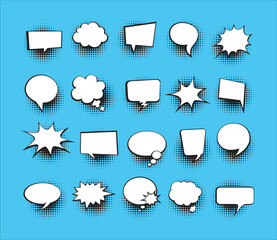 Cartoon comic speech bubble collection. Set of speech bubble with halftone. Cartoon cloud collection. Comic speech bubble frame. Hand drawn retro cartoon stickers. Pop art style. Vector illustration.