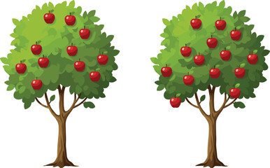 Fototapeta premium Cartoon illustration of two apple trees with red fruits, green leaves, natural orchard, fresh harvest, organic farming, fruit garden, healthy food, nature landscape design