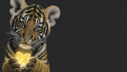 A cute tiger cub cradles a glowing heart, set against a dark background
