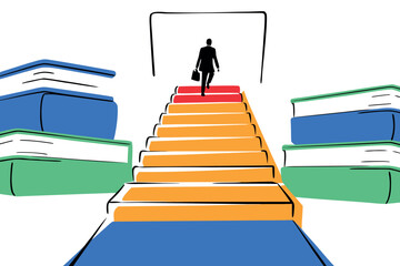 Silhouette of a person walking up book stairs towards an open doorway