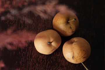 asian pears, nashi pear fruit fresh from the tree organic agriculture and vitamin nutrition