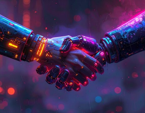 AI robot handshake with human, cyberpunk style