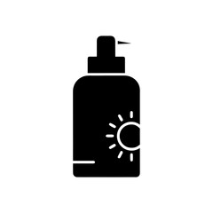 Fototapeta premium Black silhouette of a bottle with a pump and a sun icon for sunscreen on a white background view on transparent background