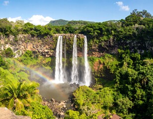 Tropical waterfall cascading into a lush valley
