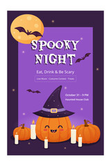 Spooky Night Halloween Party Poster with Pumpkin, glowing candles, bats. event promotion, flyers