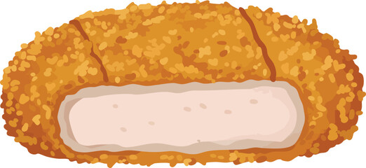 A close-up illustration of a breaded and fried pork cutlet, sliced to reveal its tender interior.