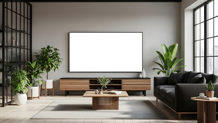 Flat TV wall mounted in a Minimalist modern living room Raw cement walls decorated in a stylish Loft Style.