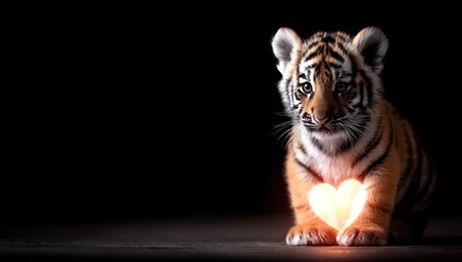 Adorable tiger cub holding glowing heart against black background. Cute and heartwarming