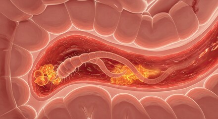 Detailed microscopic view of an intestinal parasite, a tapeworm segment, actively moving within the digestive tract amidst cellular debris and inflammation