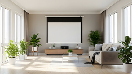 Flat TV wall mounted in a Minimalist modern living room Raw cement walls decorated in a stylish Loft Style.