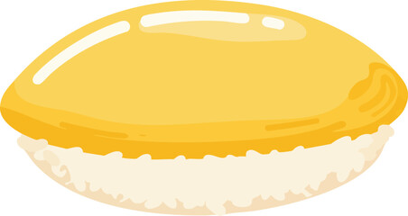 Illustration of a piece of sushi with a yellow topping, side view.