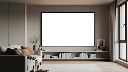 Flat TV wall mounted in a Minimalist modern living room Raw cement walls decorated in a stylish Loft Style.