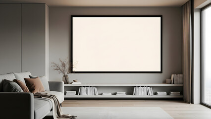 Flat TV wall mounted in a Minimalist modern living room Raw cement walls decorated in a stylish Loft Style.