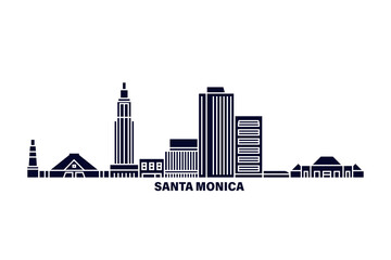 Obraz premium Santa Monica skyline, horizon logo. Panorama of USA California state town, icon with landmarks, buildings, waterfront. Isolated graphic, vector clipart