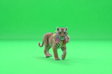 A baby tiger walks towards the camera, wearing a flower garland, against a green backdrop