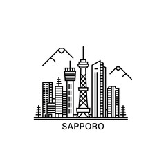 Sapporo skyline, horizon logo. Panorama of Japan city icon, abstract landmarks, skyscrapers, downtown. Isolated thin line graphic, vector clipart