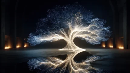 Papier peint photo Chambre de fille Mystical glowing tree reflected in water, representing spirituality and nature at night  © zeitgenstd