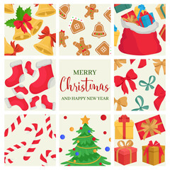 Merry Christmas cards with winter holidays elements presents bows cookies bell