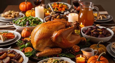 Traditional Thanksgiving dinner spread featuring a roasted turkey and side dishes on a festive