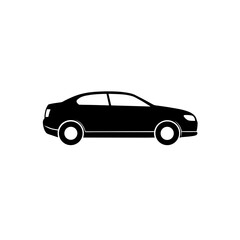 Side view of a black sedan car with visible wheels and windows on a white background in silhouette style on transparent background