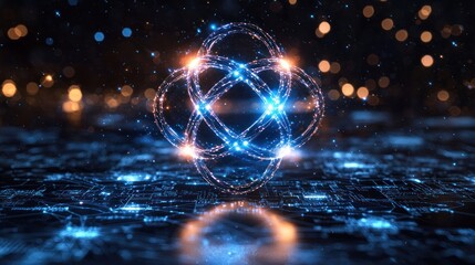 Abstract glowing interconnected blue and orange knot above reflective digital circuit