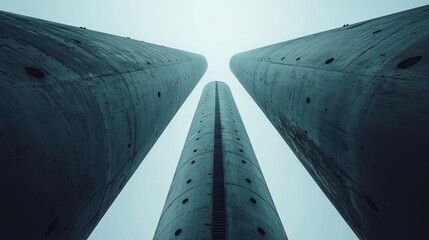 Obraz premium Abstract low-angle view of three imposing concrete pillars reaching towards a bright sky