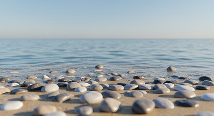 Soothing ocean waves gently wash over smooth, colorful pebbles on a tranquil sandy beach, creating a peaceful coastal scene perfect for relaxation and mindfulness themes.