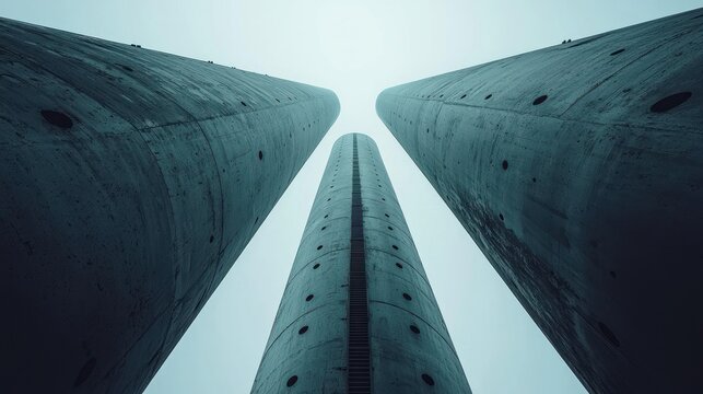 Abstract low-angle view of three imposing concrete pillars reaching towards a bright sky