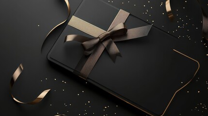 Black gift box with golden ribbon on a dark background, top down view