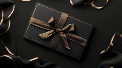 Top view of a black gift box with golden ribbon on a dark background