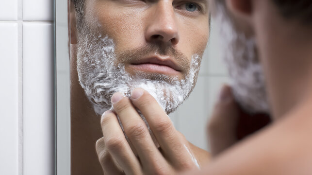 Close-up of a man shaving in front of a mirror, realistic reflection, personal grooming, clean white background