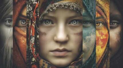 Obraz premium Diverse Expressions of Cultural Identity Through Women in Colorful Headscarves and Intricate Textiles