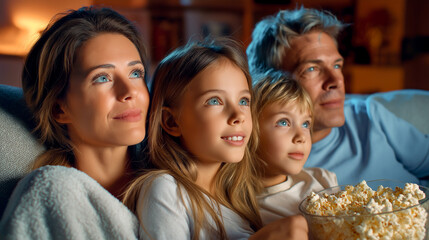 Fototapeta premium family watching movie together with popcorn