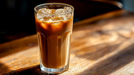 Iced coffee in tall glass on cafe table
