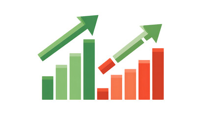 **Flat Vector Ultra-Stock Profit Vs Loss Clipart Showing Stacked Bar Chart With Green Upward Arrow And Red Downward Arrow Overlay. Transparent Background Png, Bold Scalable Style, Corporate Color Pale