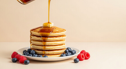 Stack of golden pancakes with butter and syrup being poured, garnished with fresh blueberries and raspberries