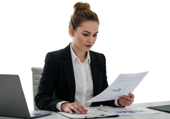 Focused businesswoman working with documents isolated on transparent background
