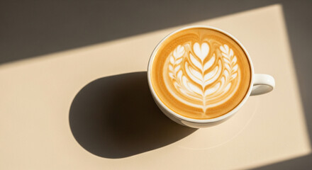 A beautiful latte with intricate latte art, a heart and leaf pattern, casting a shadow on a beige surface