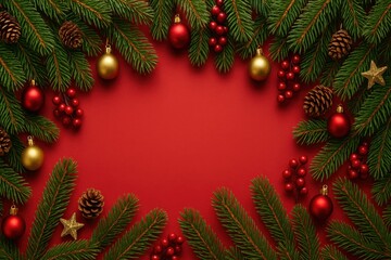 Festive Christmas holiday frame with fir branches and decorations.