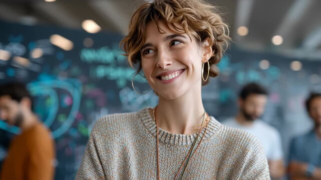 A smiling woman with curly hair stands confidently in a creative workspace, surrounded by colorful notes and sketches on a blackboard.