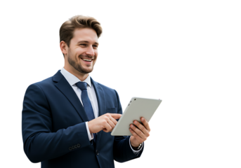 Smiling businessman using tablet isolated on transparent background