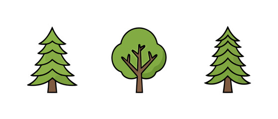 Collection of stylized evergreen and deciduous trees, showcasing different foliage and shapes for diverse design needs