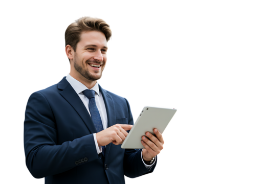 Smiling businessman using tablet isolated on transparent background - Powered by Adobe