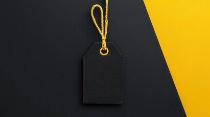 Black tag with golden string on black and yellow background, sale concept