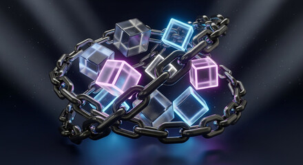 Abstract 3d render of glowing translucent cubes entangled in a metal chain with dramatic lighting