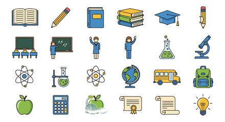 A versatile set of brightly colored educational concept icons depicting various aspects of learning, academic pursuits, scientific discovery, and daily school activities