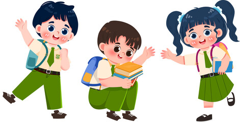 Joyful Students: Cheerful Children with Books and Backpacks, Waving.