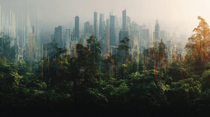economy and sustainability connection with eco-chart overlay on forest and urban skyline, semi-transparent layers, copyspace bottom